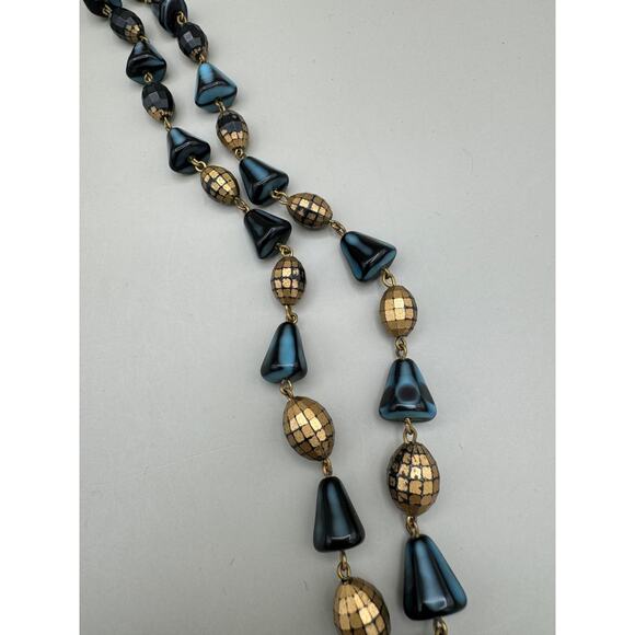 Vintage West Germany Two Strand Gold and Blue Bead Necklace - Picture 6 of 13